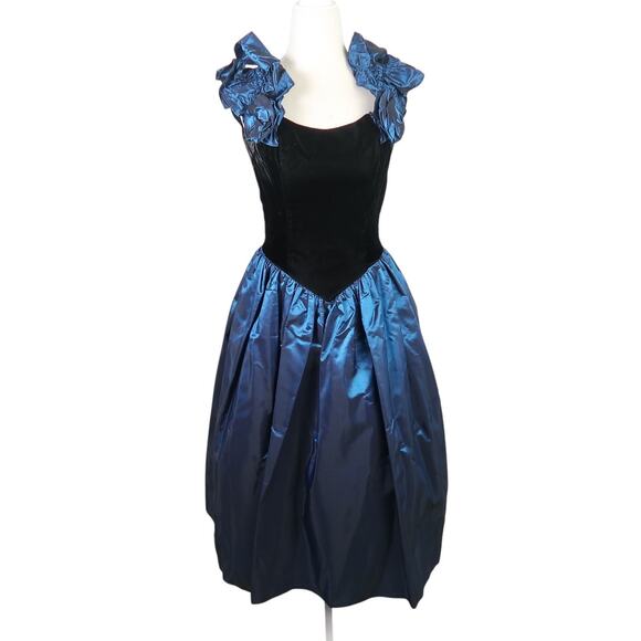 Vintage 80s Gunne Sax Iridescent Navy Blue and Black Velvet Party Dress 5 - Picture 1 of 7